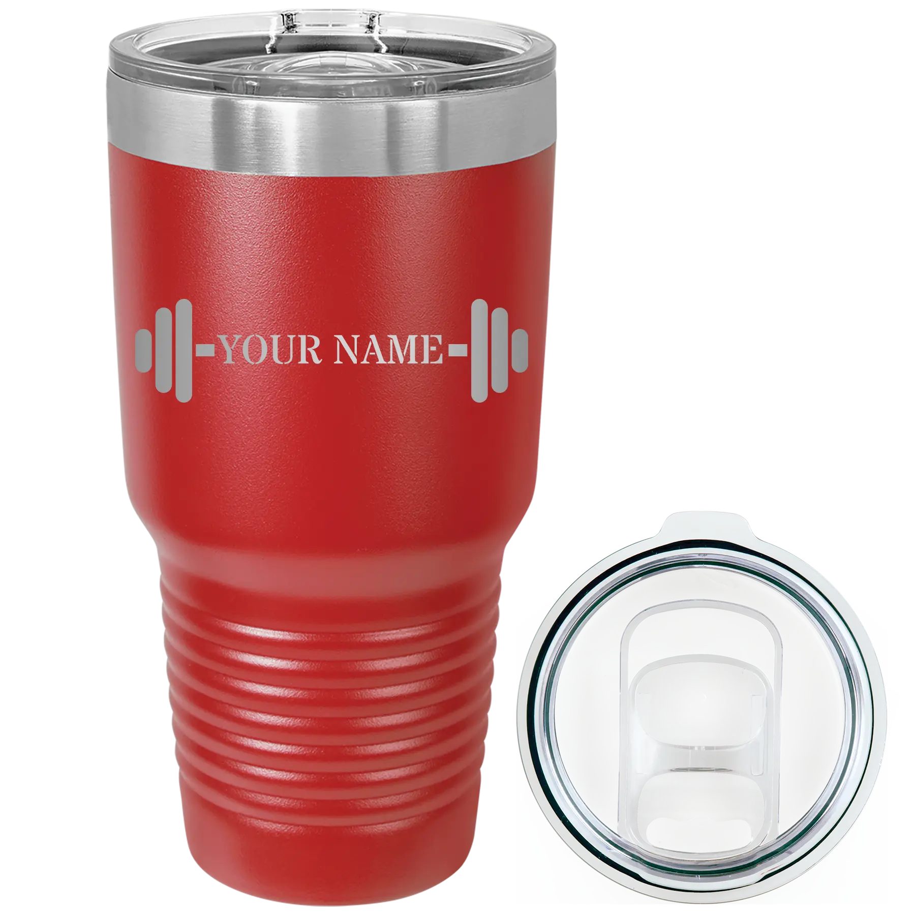 Personalized red 30 oz vacuum insulated tumbler with 'WEIGHTS NAME' design