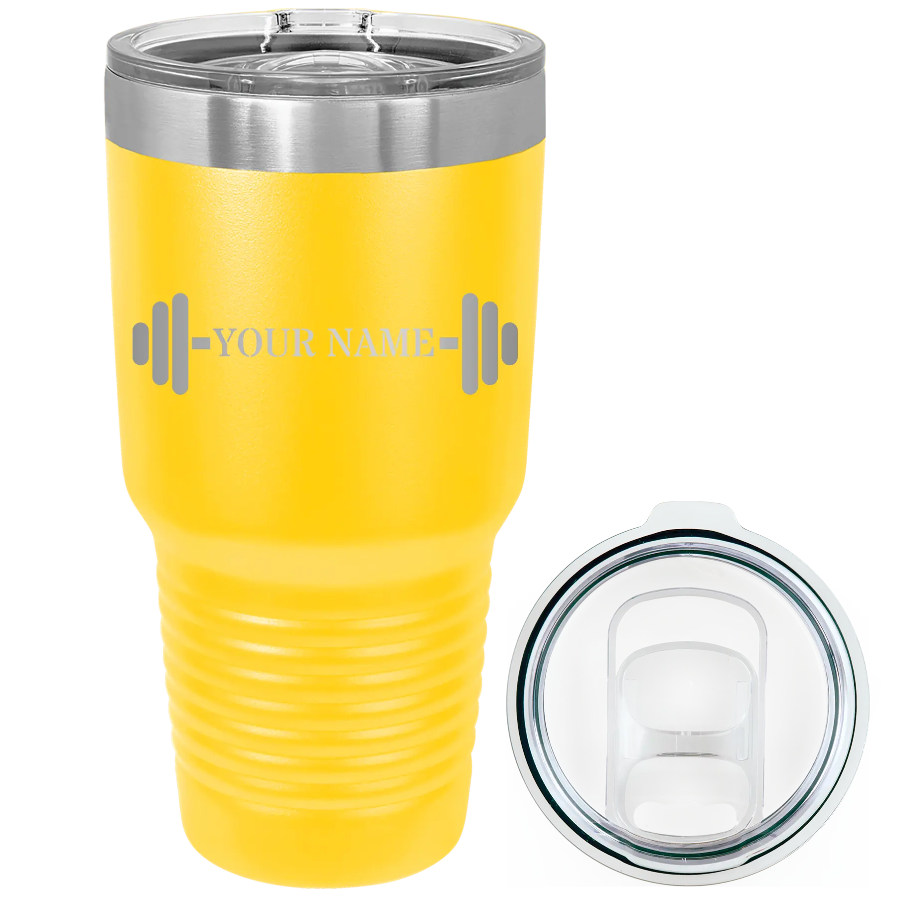 Personalized yellow 30 oz vacuum insulated tumbler with 'WEIGHTS NAME' design