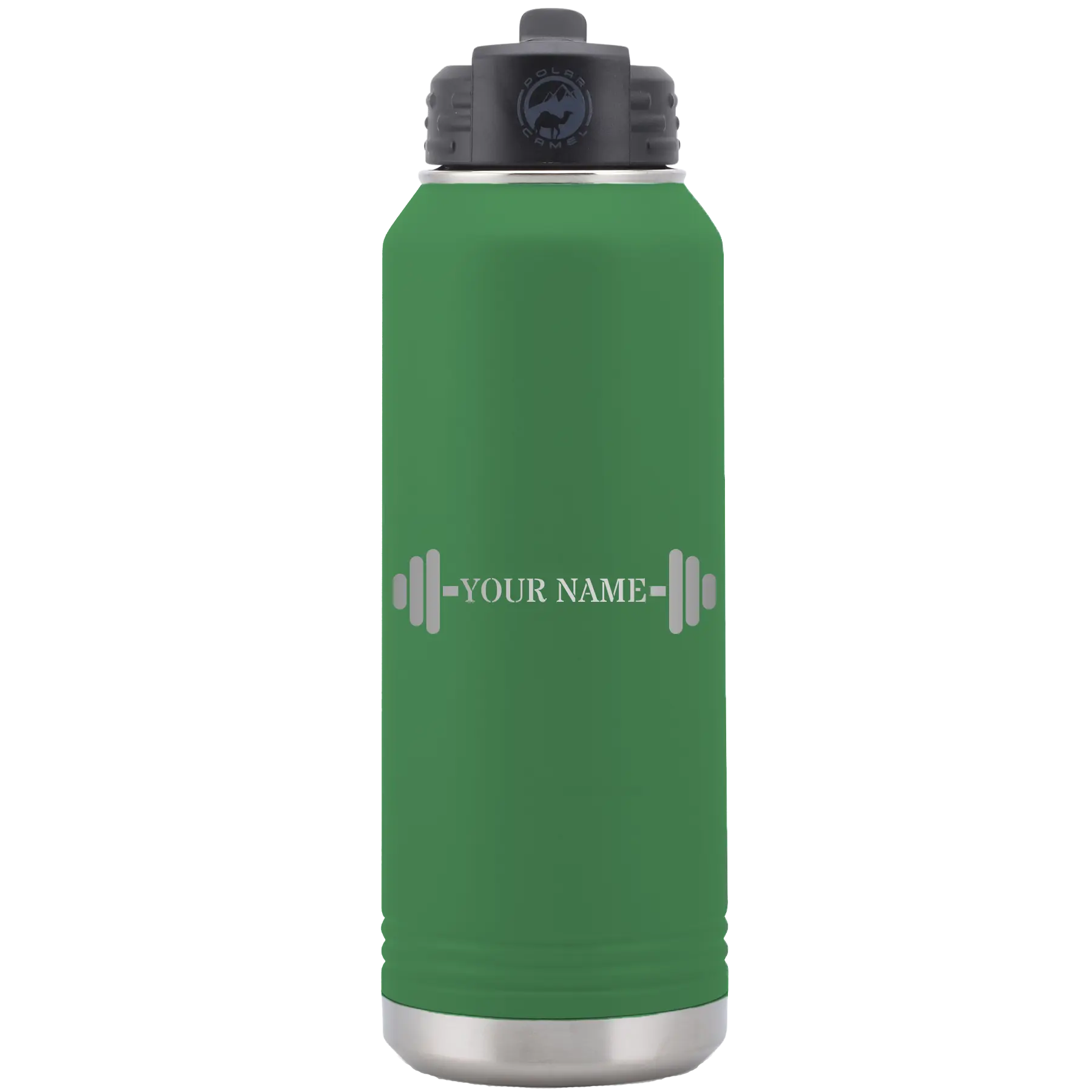 Personalized green 32 oz vacuum insulated water bottle with 'WEIGHTS NAME' design