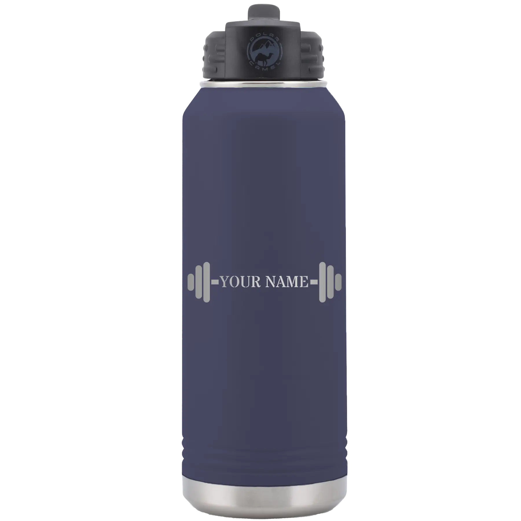 Personalized navy 32 oz vacuum insulated water bottle with 'WEIGHTS NAME' design