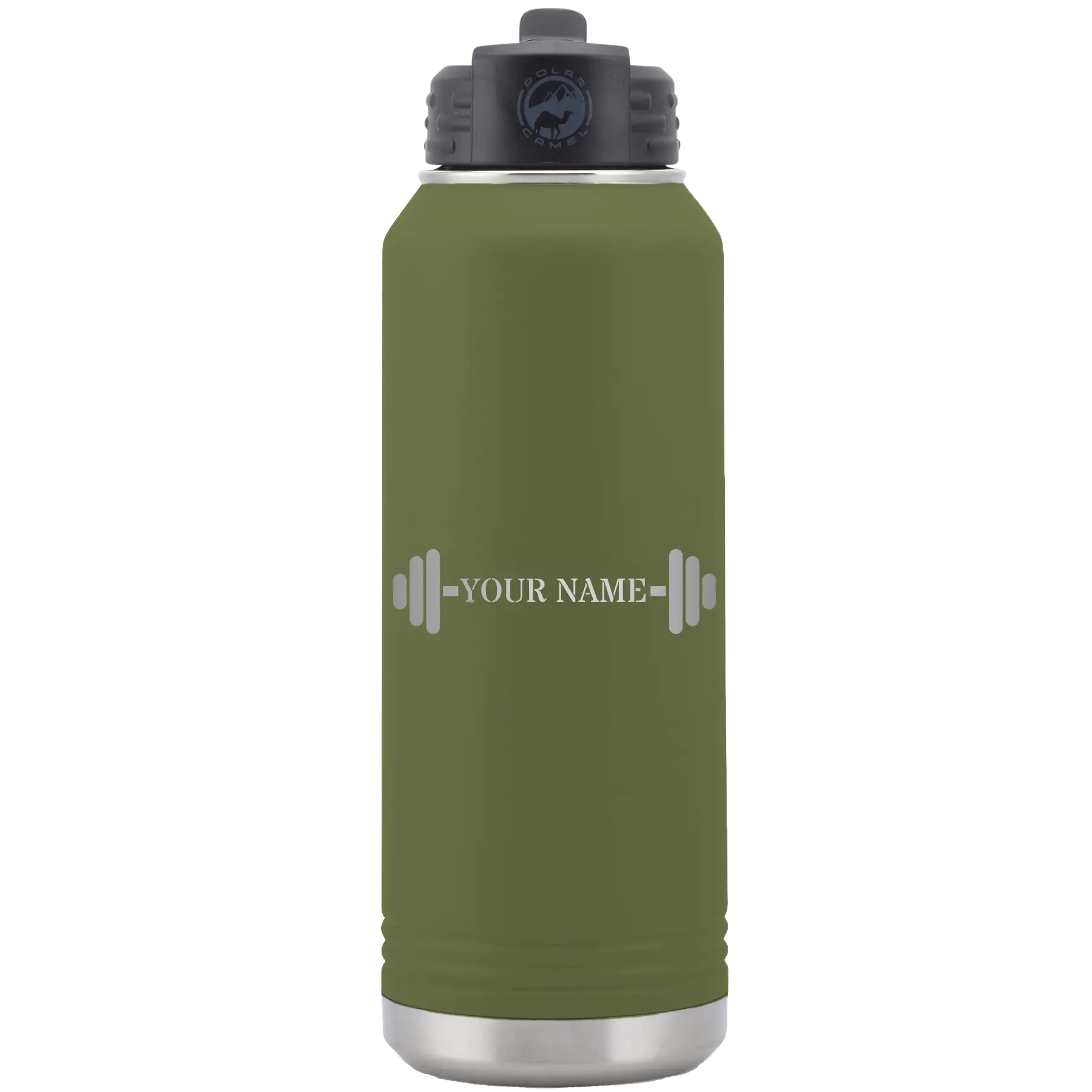 Personalized olive green 32 oz vacuum insulated water bottle with 'WEIGHTS NAME' design
