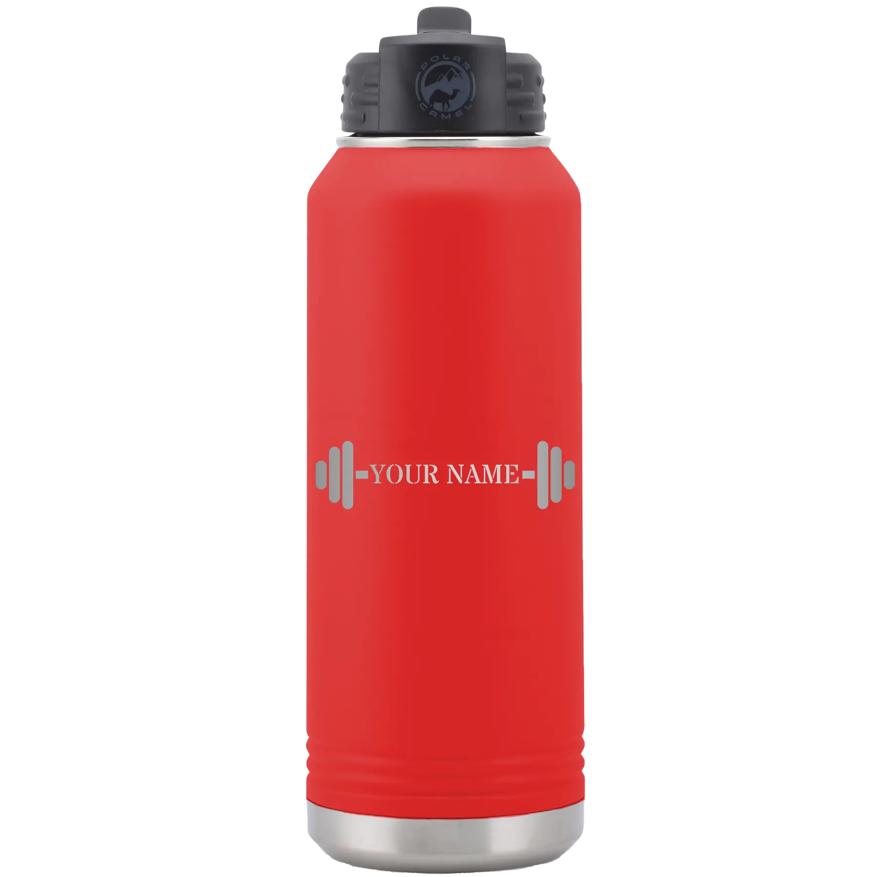 Personalized red 32 oz vacuum insulated water bottle with 'WEIGHTS NAME' design