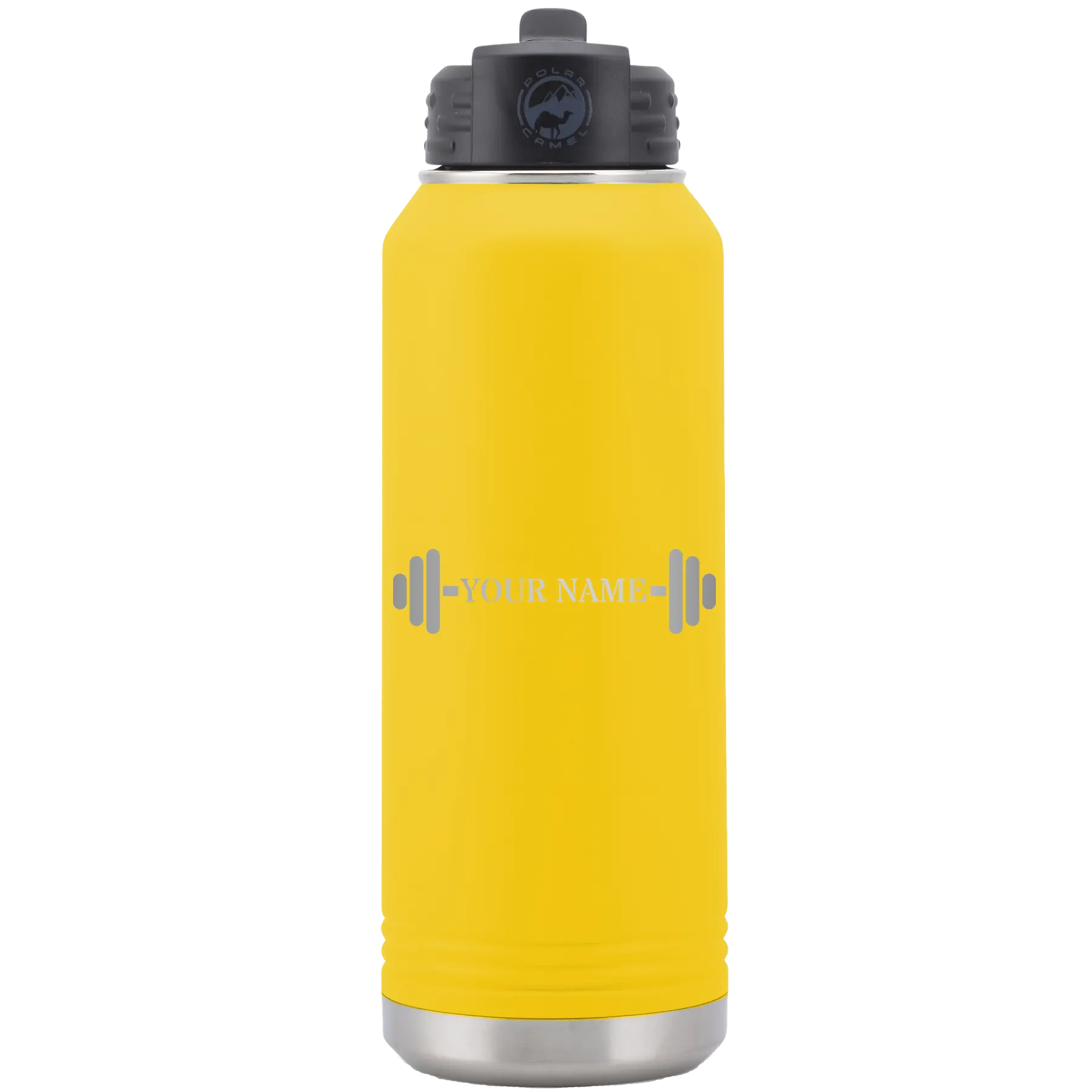 Personalized yellow 32 oz vacuum insulated water bottle with 'WEIGHTS NAME' design