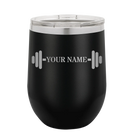 Personalized black 12 oz vacuum insulated wine cup with 'WEIGHTS NAME' design