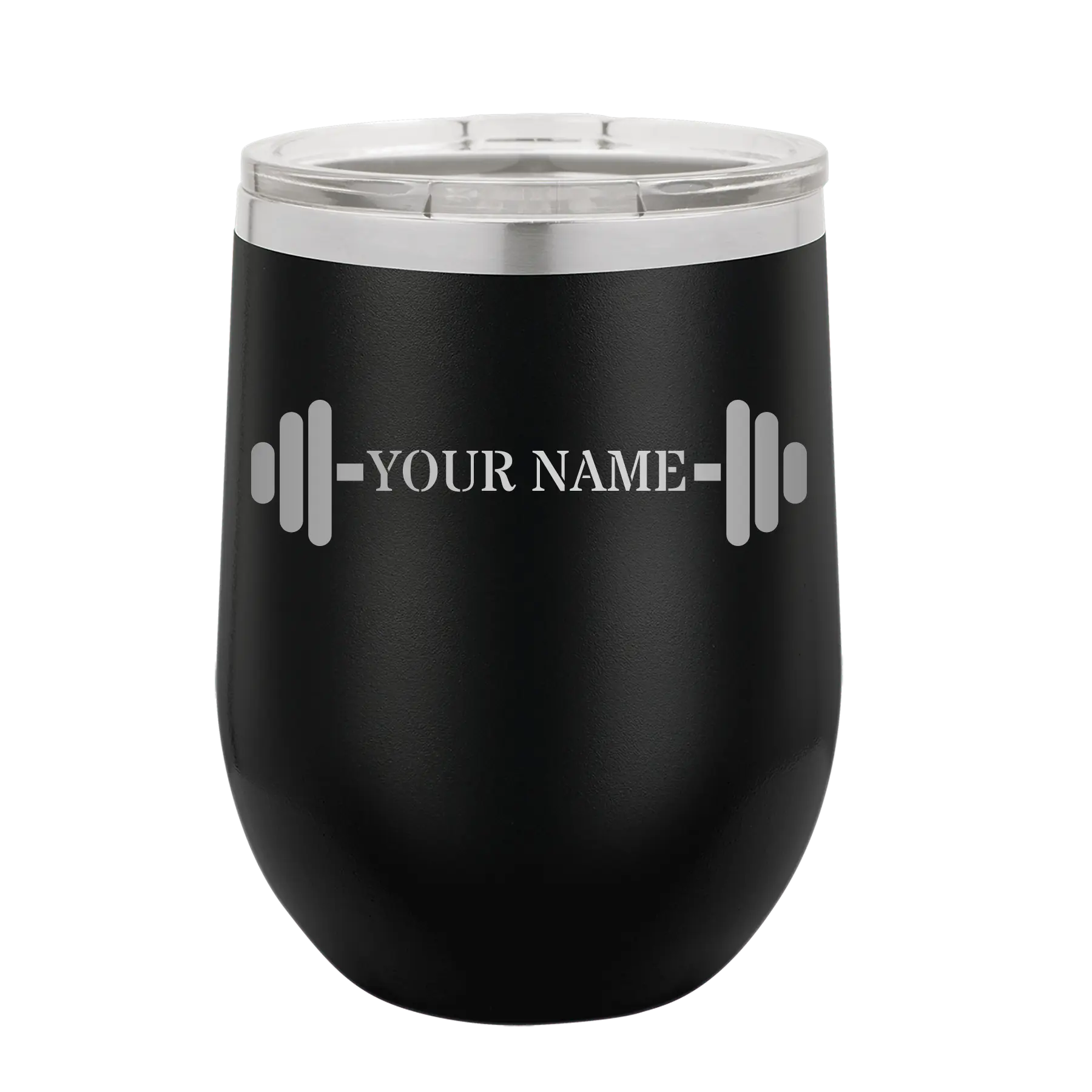 Personalized black 12 oz vacuum insulated wine cup with 'WEIGHTS NAME' design