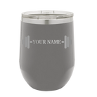 Personalized dark gray 12 oz vacuum insulated wine cup with 'WEIGHTS NAME' design
