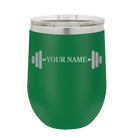 Personalized green 12 oz vacuum insulated wine cup with 'WEIGHTS NAME' design