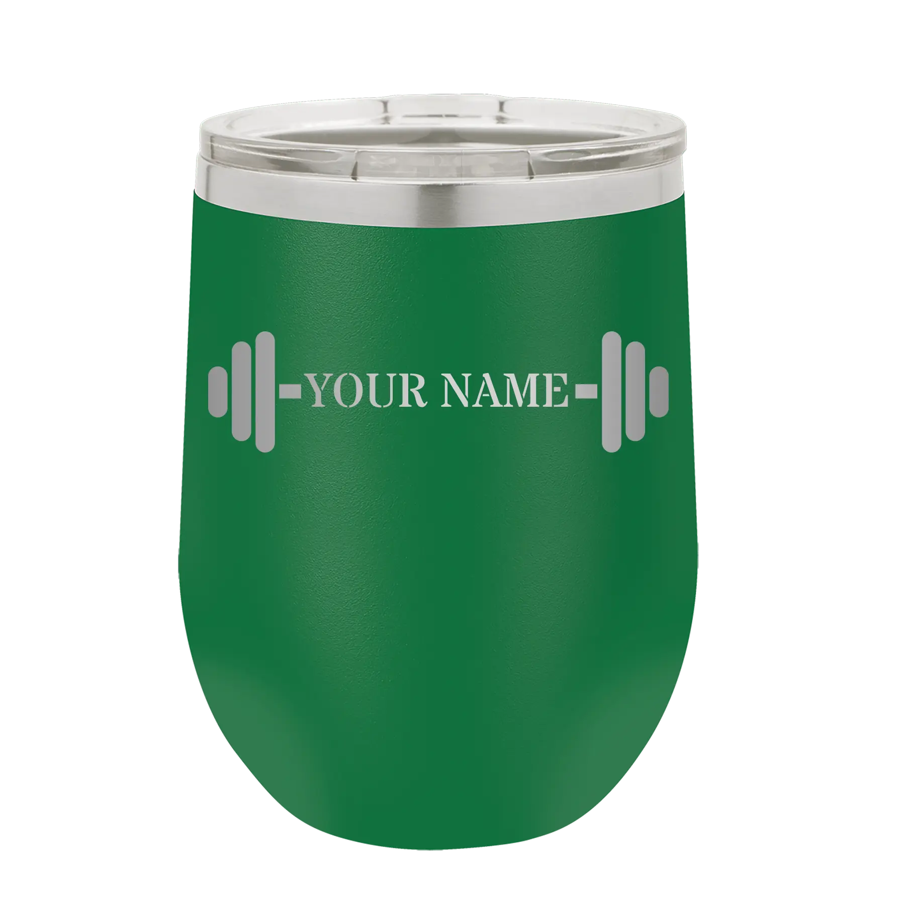 Personalized green 12 oz vacuum insulated wine cup with 'WEIGHTS NAME' design