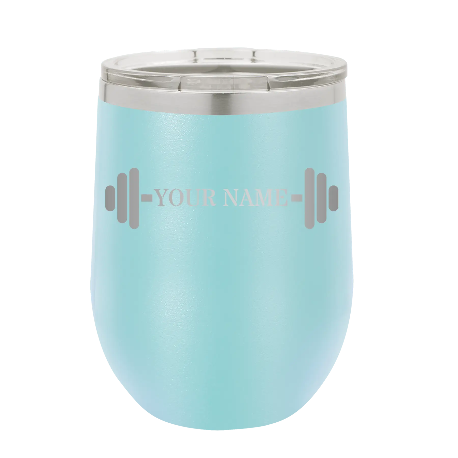 Personalized light blue 12 oz vacuum insulated wine cup with 'WEIGHTS NAME' design