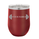Personalized maroon 12 oz vacuum insulated wine cup with 'WEIGHTS NAME' design