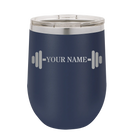 Personalized navy 12 oz vacuum insulated wine cup with 'WEIGHTS NAME' design