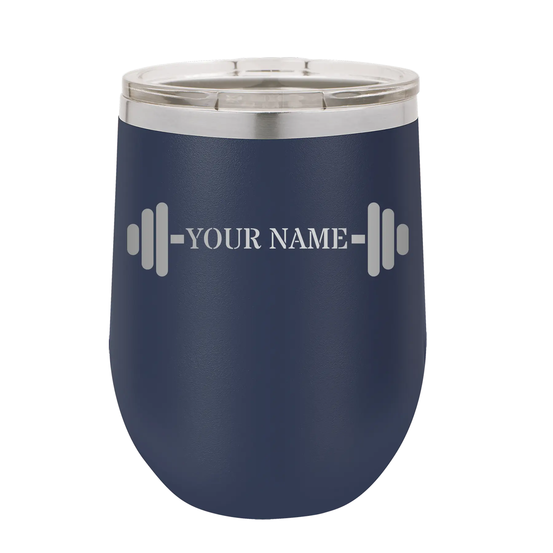 Personalized navy 12 oz vacuum insulated wine cup with 'WEIGHTS NAME' design