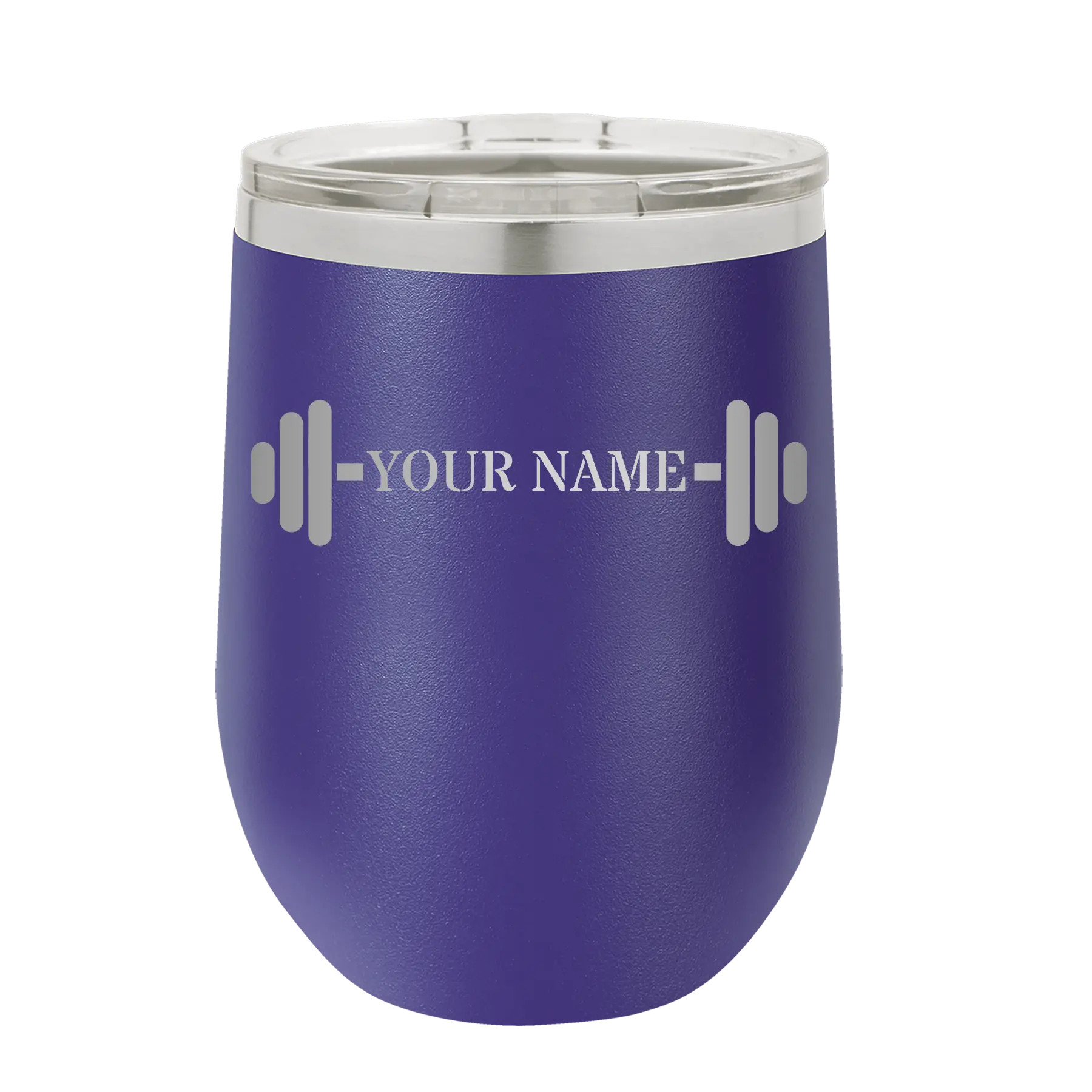 Personalized purple 12 oz vacuum insulated wine cup with 'WEIGHTS NAME' design