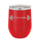 Personalized red 12 oz vacuum insulated wine cup with 'WEIGHTS NAME' design