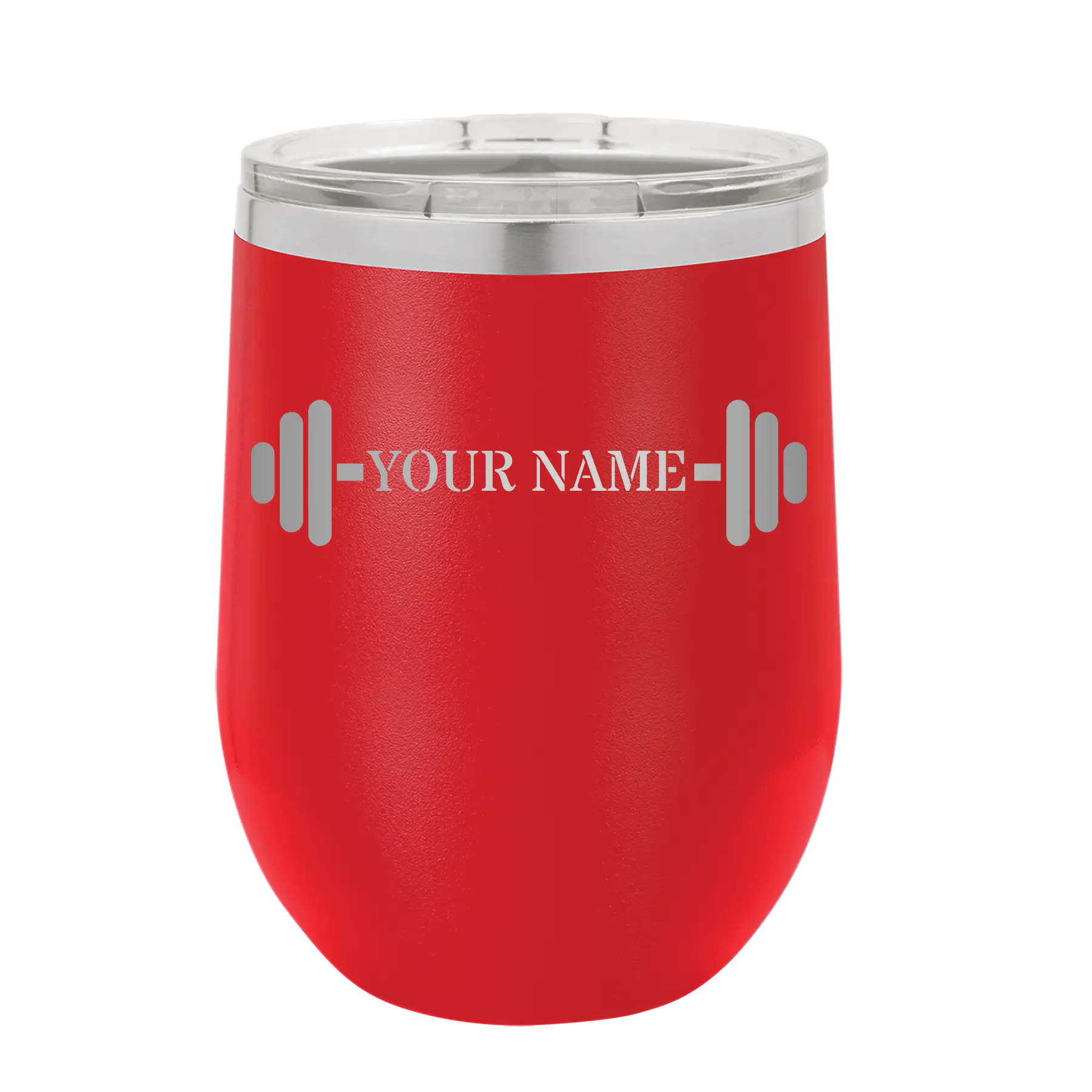 Personalized red 12 oz vacuum insulated wine cup with 'WEIGHTS NAME' design