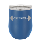 Personalized royal blue 12 oz vacuum insulated wine cup with 'WEIGHTS NAME' design