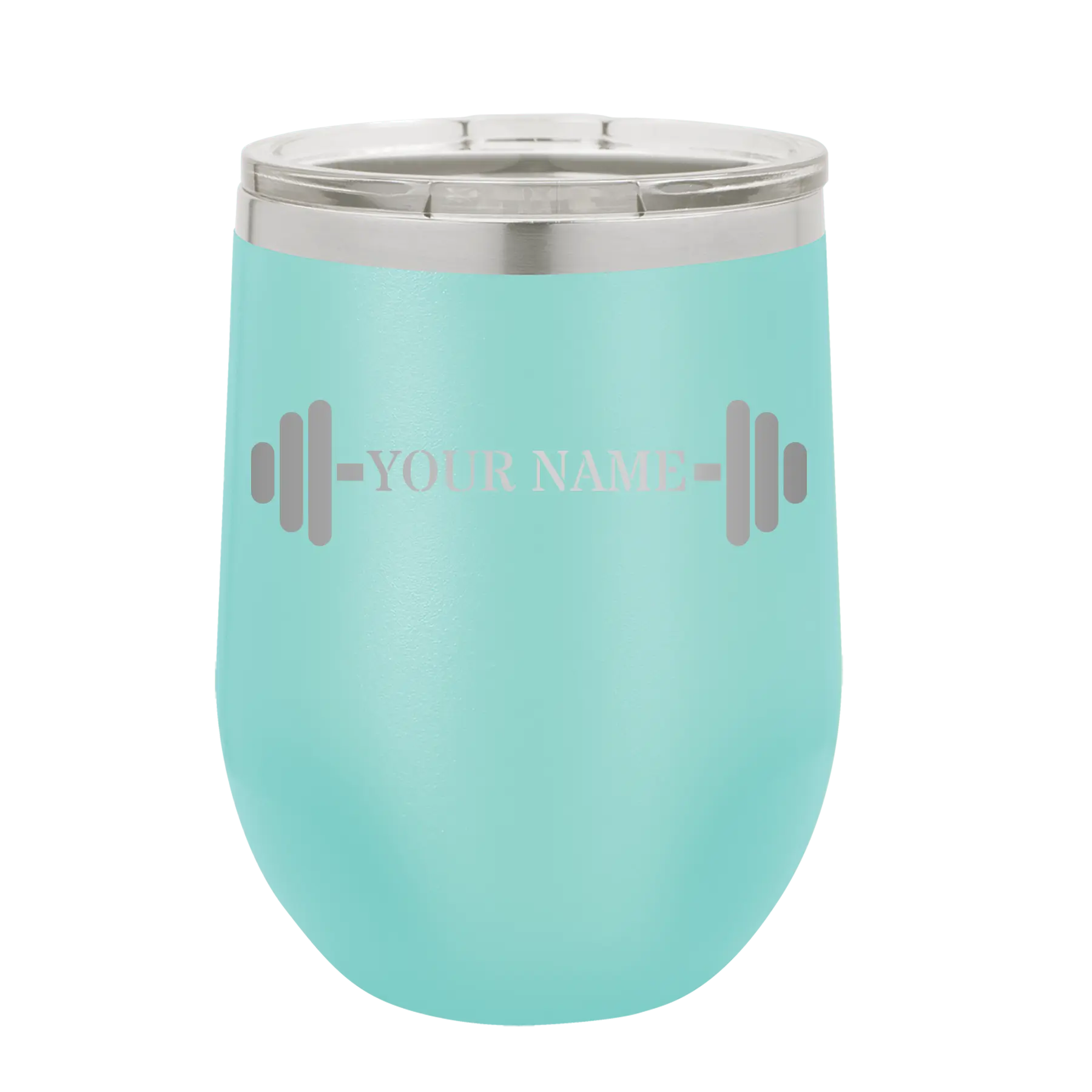 Personalized teal 12 oz vacuum insulated wine cup with 'WEIGHTS NAME' design