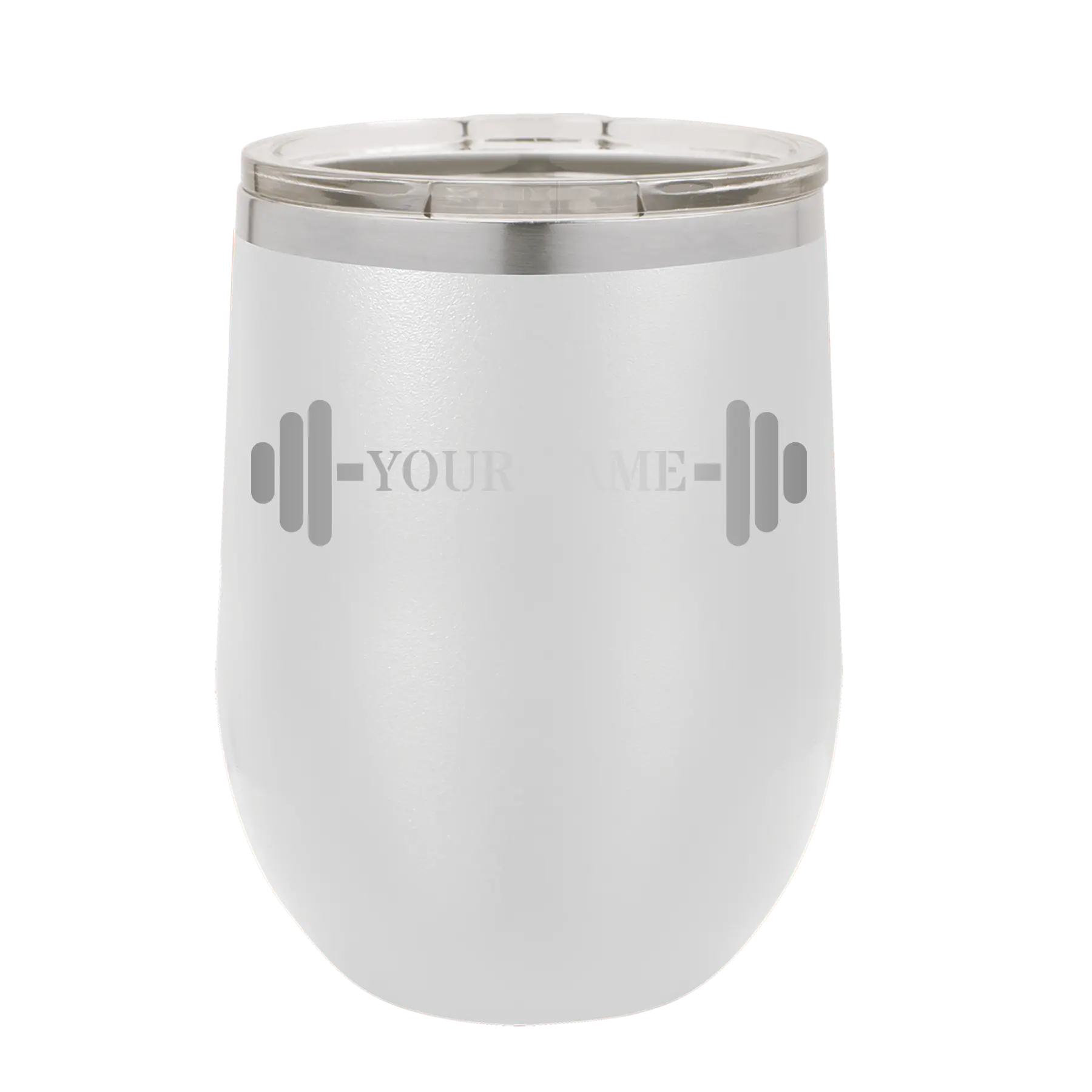 Personalized white 12 oz vacuum insulated wine cup with 'WEIGHTS NAME' design