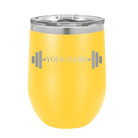 Personalized yellow 12 oz vacuum insulated wine cup with 'WEIGHTS NAME' design