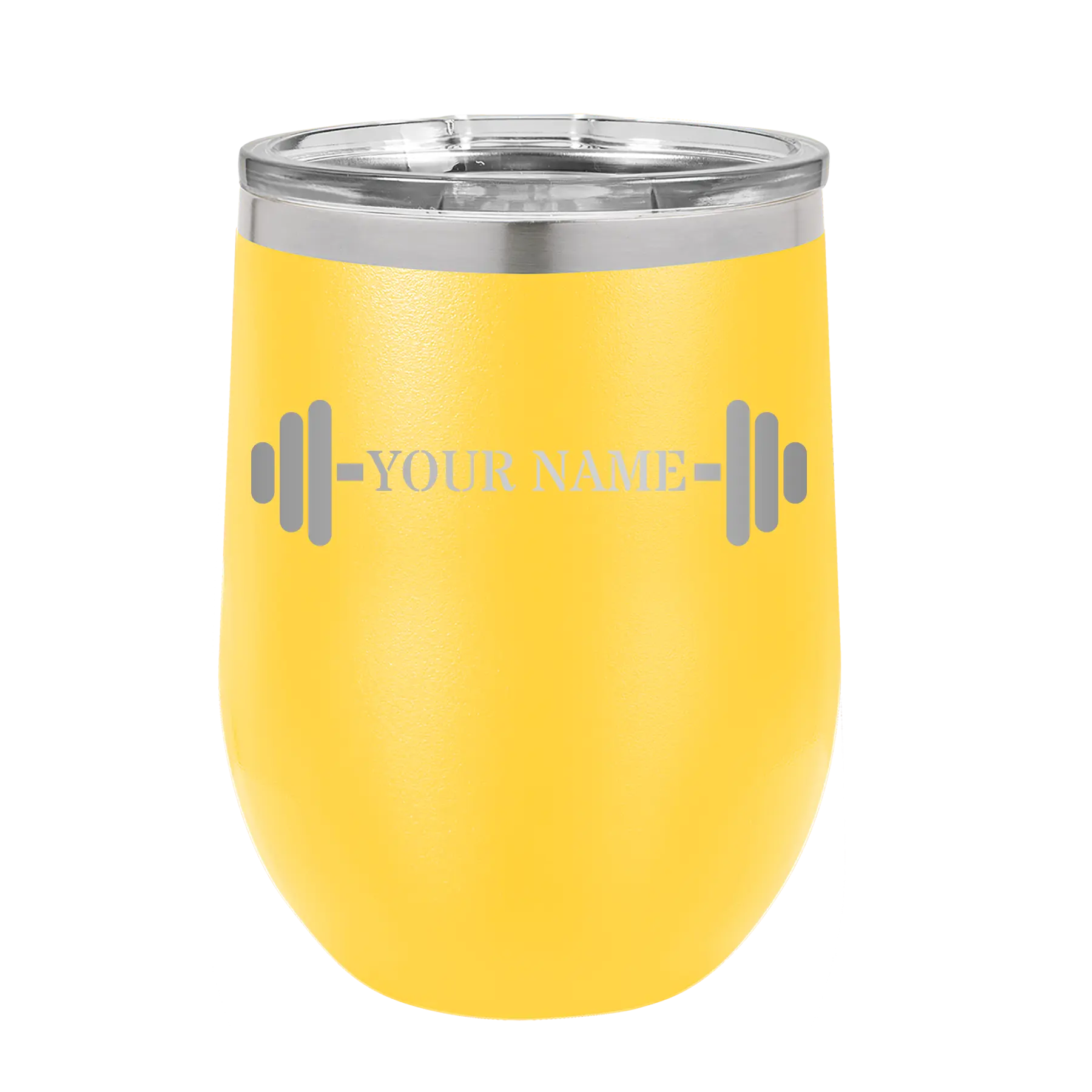 Personalized yellow 12 oz vacuum insulated wine cup with 'WEIGHTS NAME' design