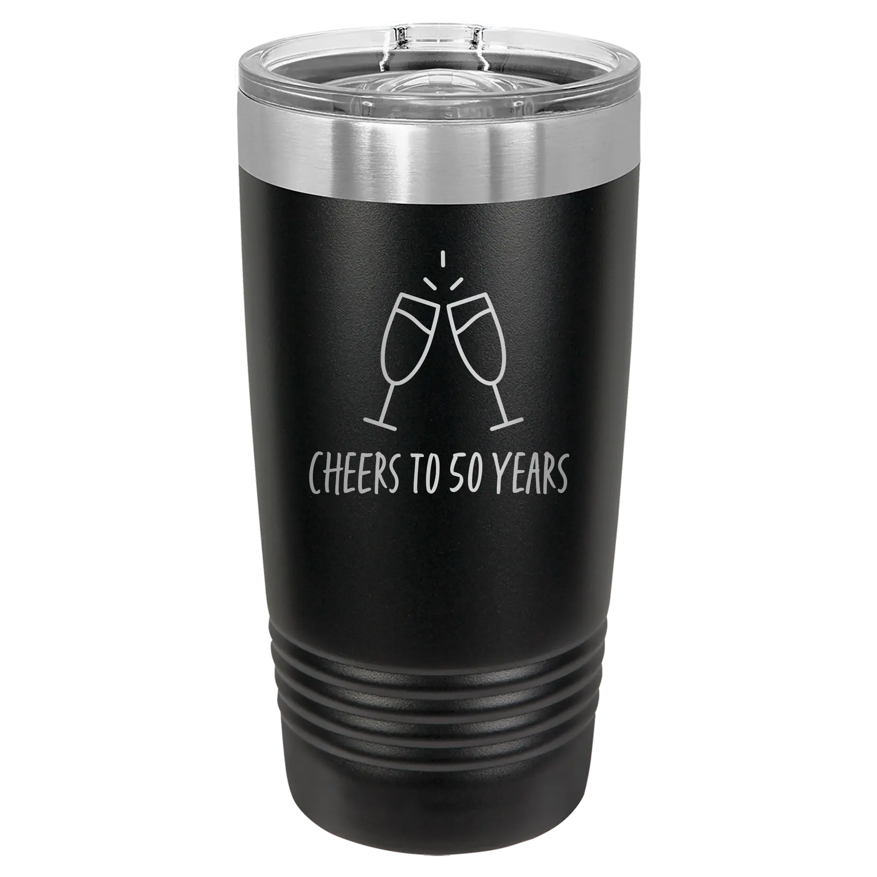 Personalized black 20 oz vacuum insulated tumbler with 'Cheers' design