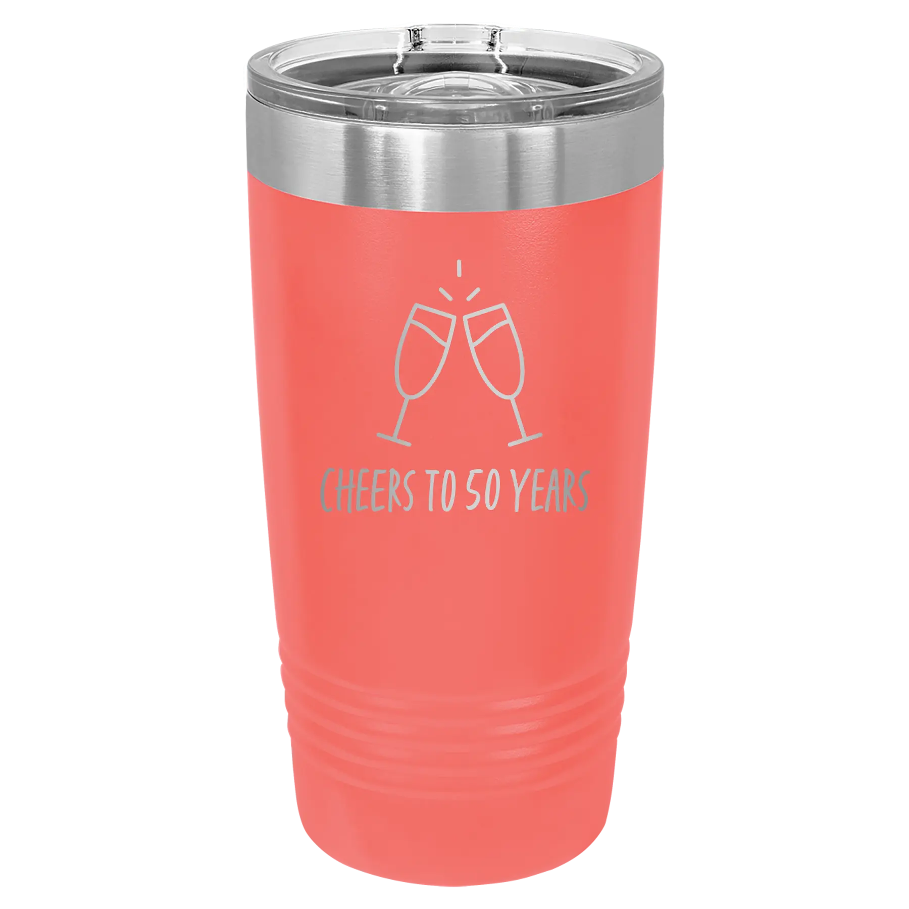 Personalized coral 20 oz vacuum insulated tumbler with 'Cheers' design