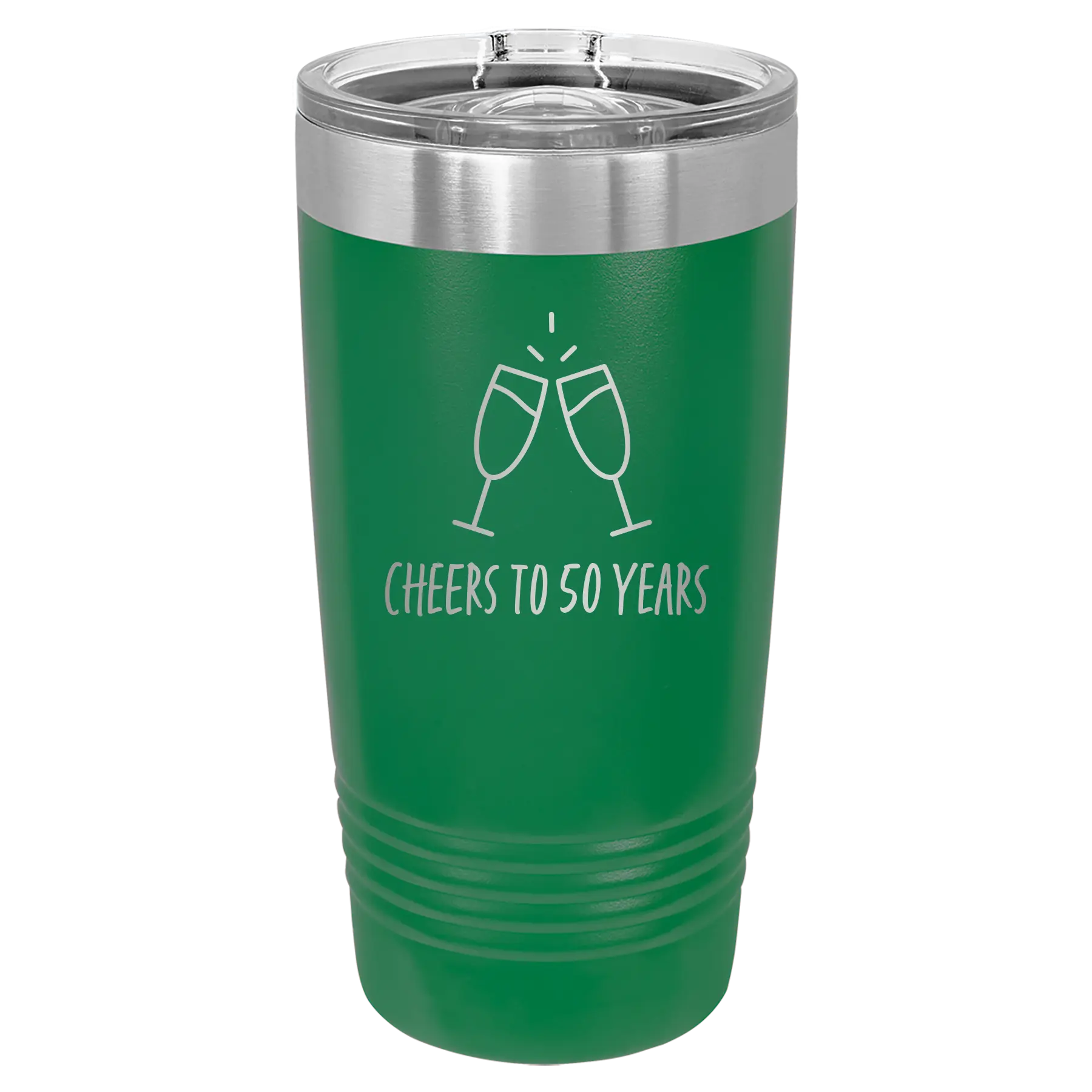 Personalized green 20 oz vacuum insulated tumbler with 'Cheers' design
