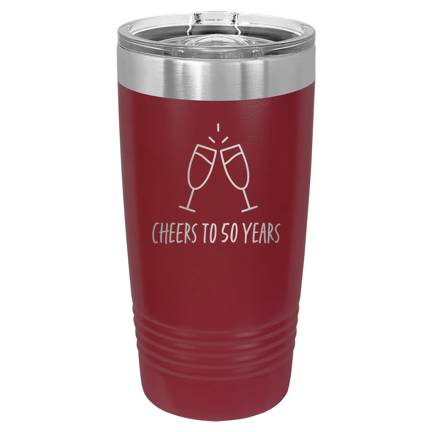 Personalized maroon 20 oz vacuum insulated tumbler with 'Cheers' design