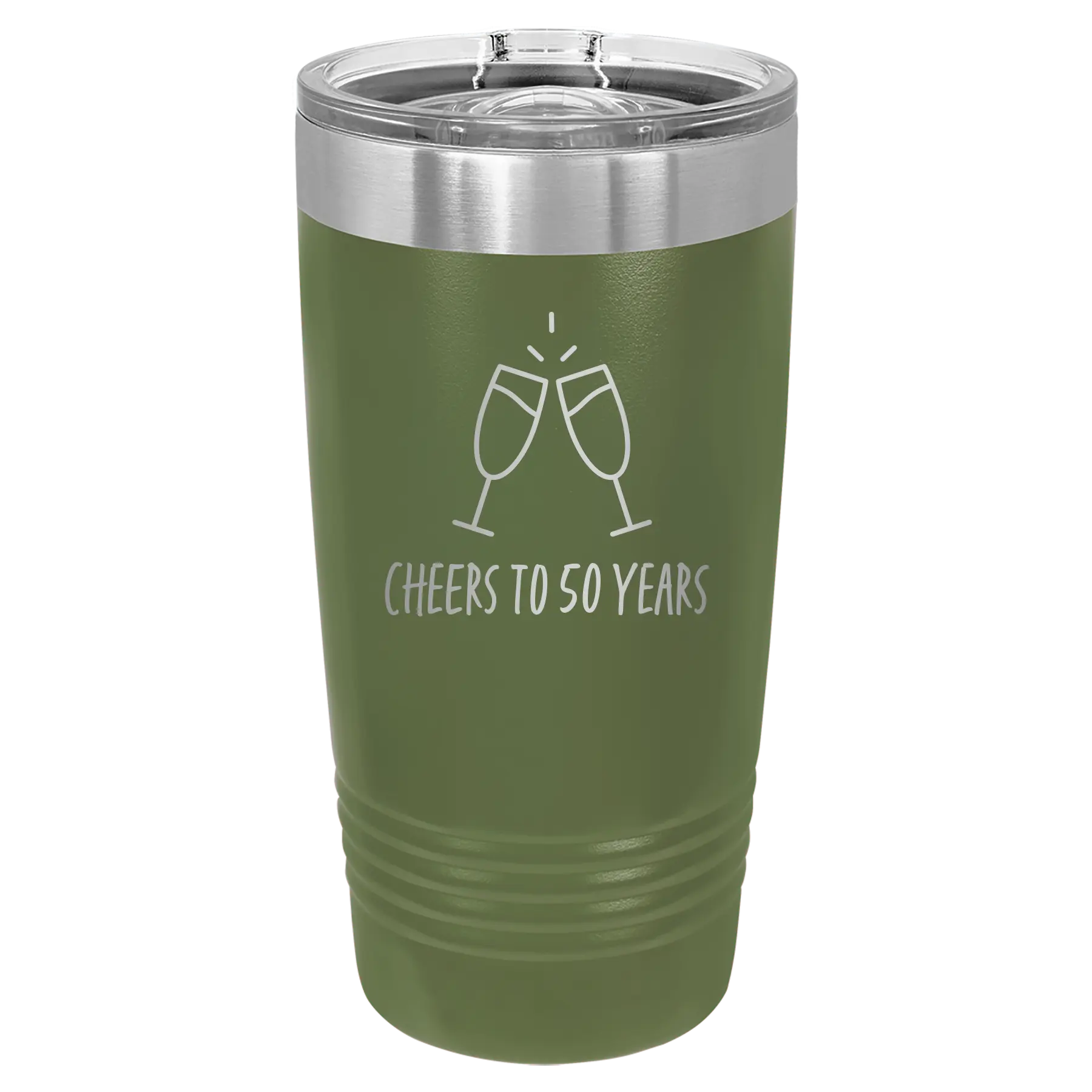 Personalized olive green 20 oz vacuum insulated tumbler with 'Cheers' design