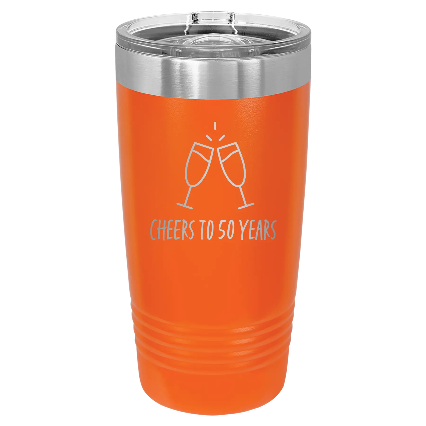 Personalized orange 20 oz vacuum insulated tumbler with 'Cheers' design