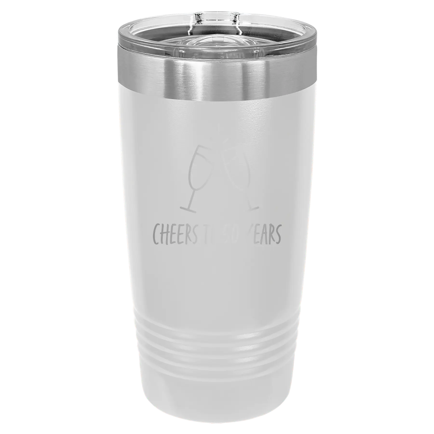 Personalized white 20 oz vacuum insulated tumbler with 'Cheers' design