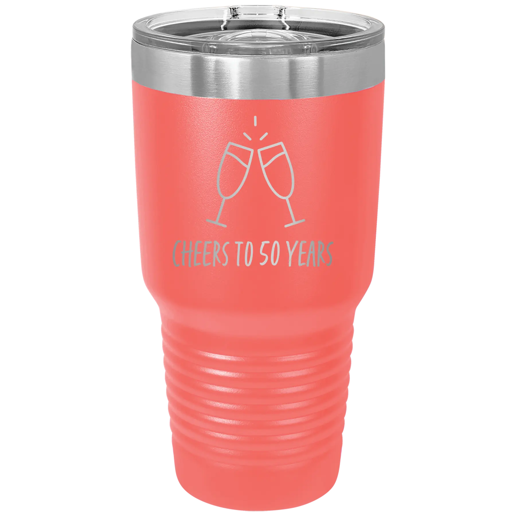 Personalized coral 30 oz vacuum insulated tumbler with 'Cheers' design