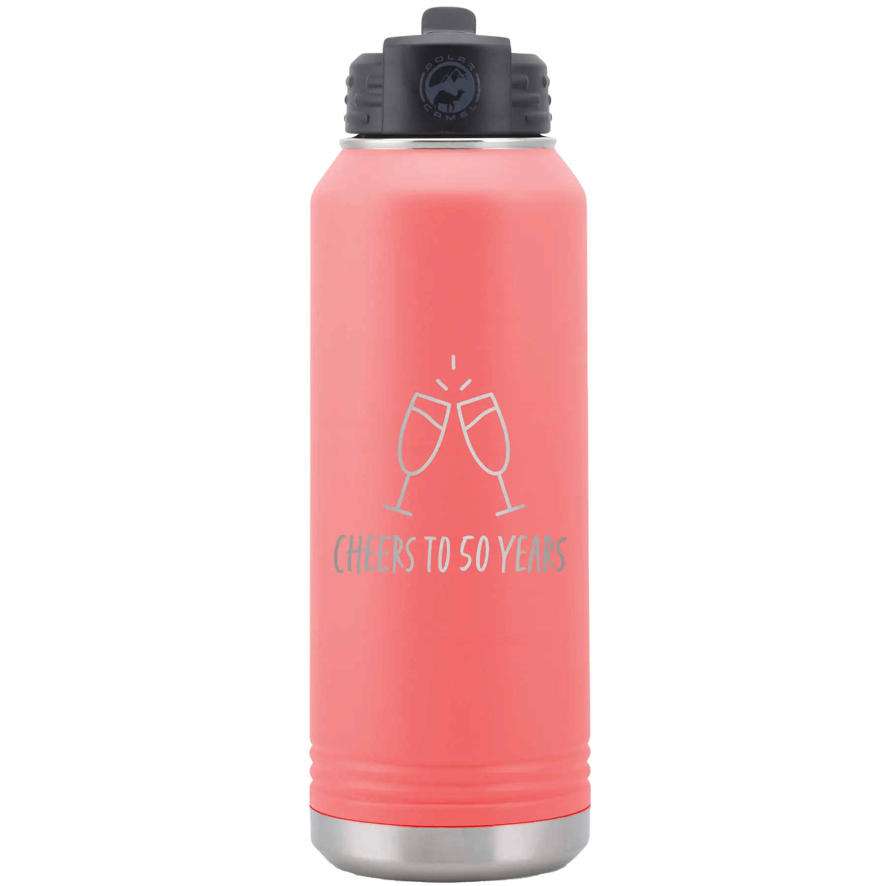Personalized coral 32 oz vacuum insulated water bottle with 'Cheers' design