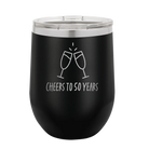 Personalized black 12 oz vacuum insulated wine cup with 'Cheers' design