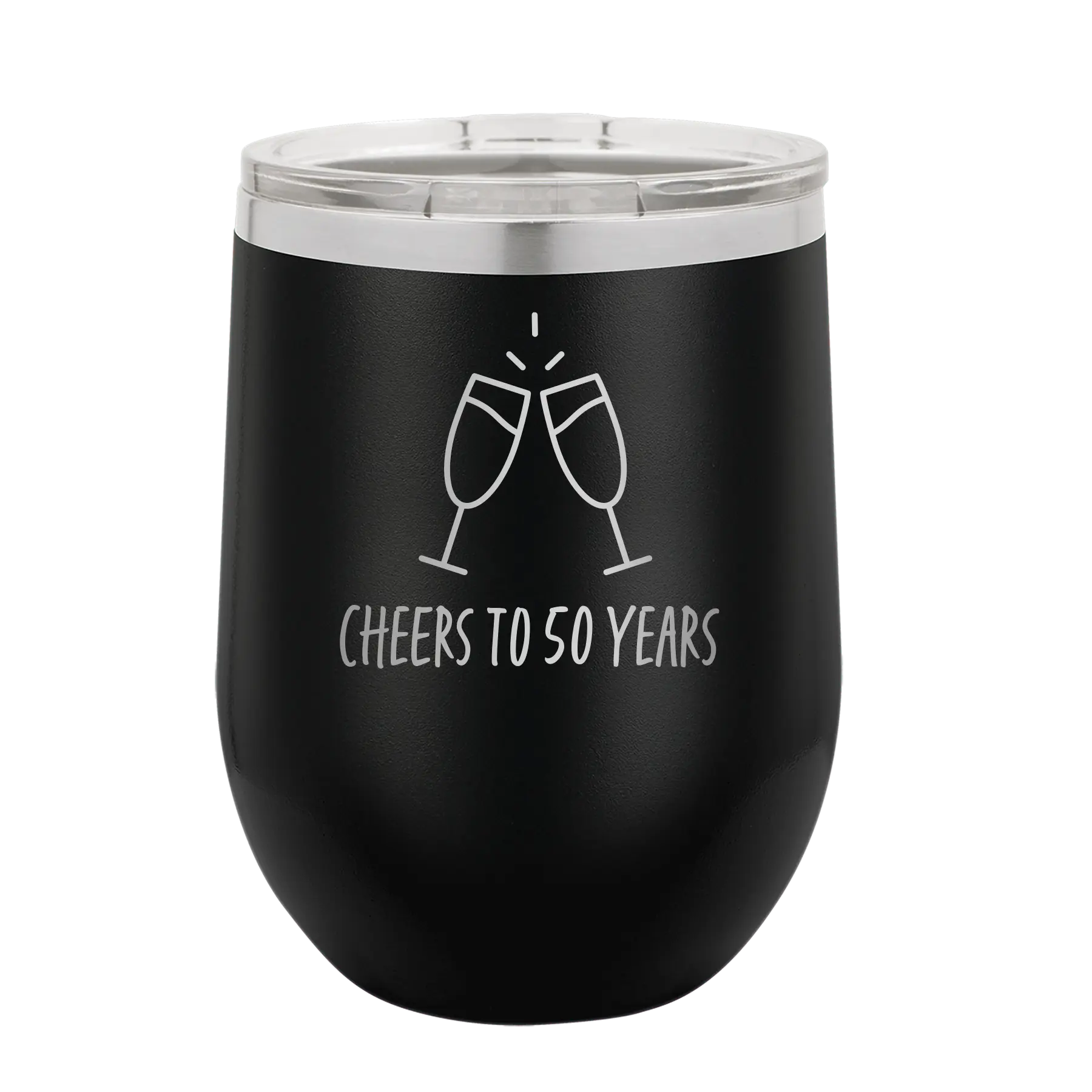 Personalized black 12 oz vacuum insulated wine cup with 'Cheers' design