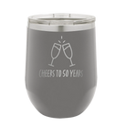 Personalized dark gray 12 oz vacuum insulated wine cup with 'Cheers' design