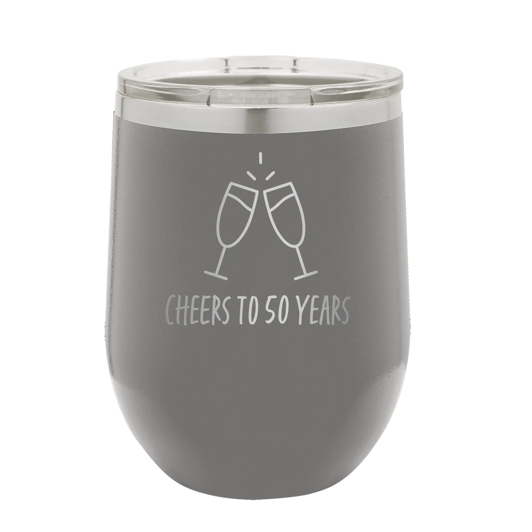 Personalized dark gray 12 oz vacuum insulated wine cup with 'Cheers' design