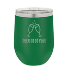 Personalized green 12 oz vacuum insulated wine cup with 'Cheers' design