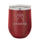 Personalized maroon 12 oz vacuum insulated wine cup with 'Cheers' design
