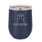 Personalized navy 12 oz vacuum insulated wine cup with 'Cheers' design
