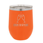 Personalized orange 12 oz vacuum insulated wine cup with 'Cheers' design