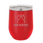 Personalized red 12 oz vacuum insulated wine cup with 'Cheers' design