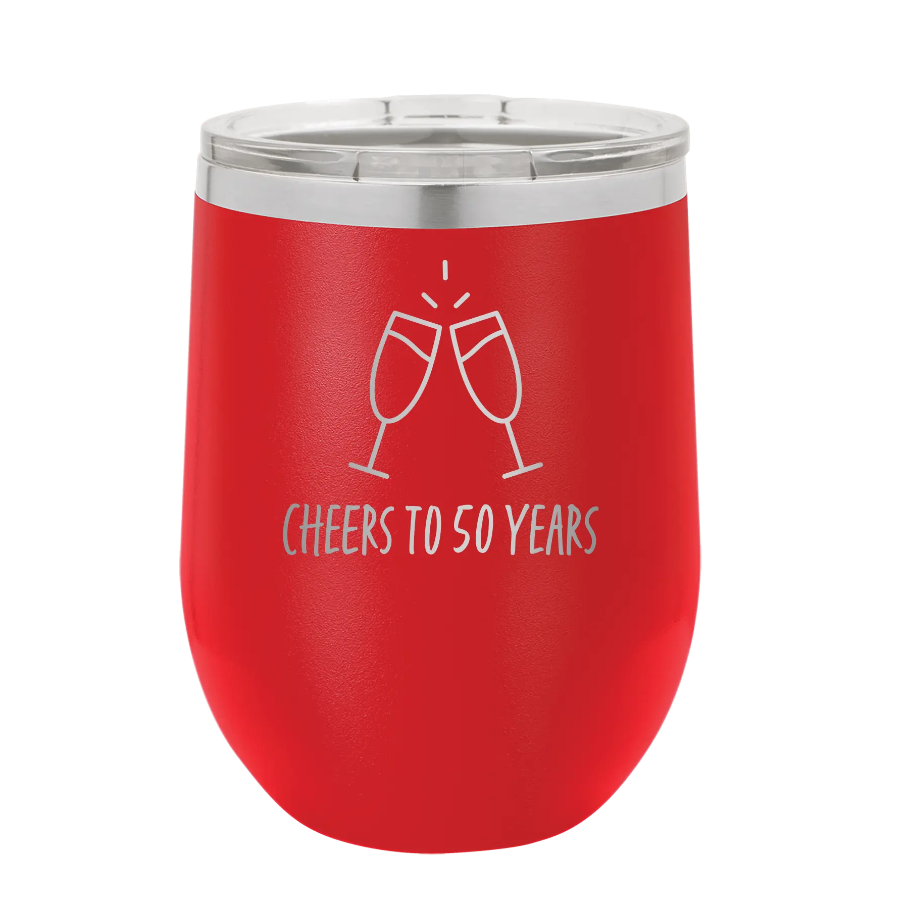 Personalized red 12 oz vacuum insulated wine cup with 'Cheers' design