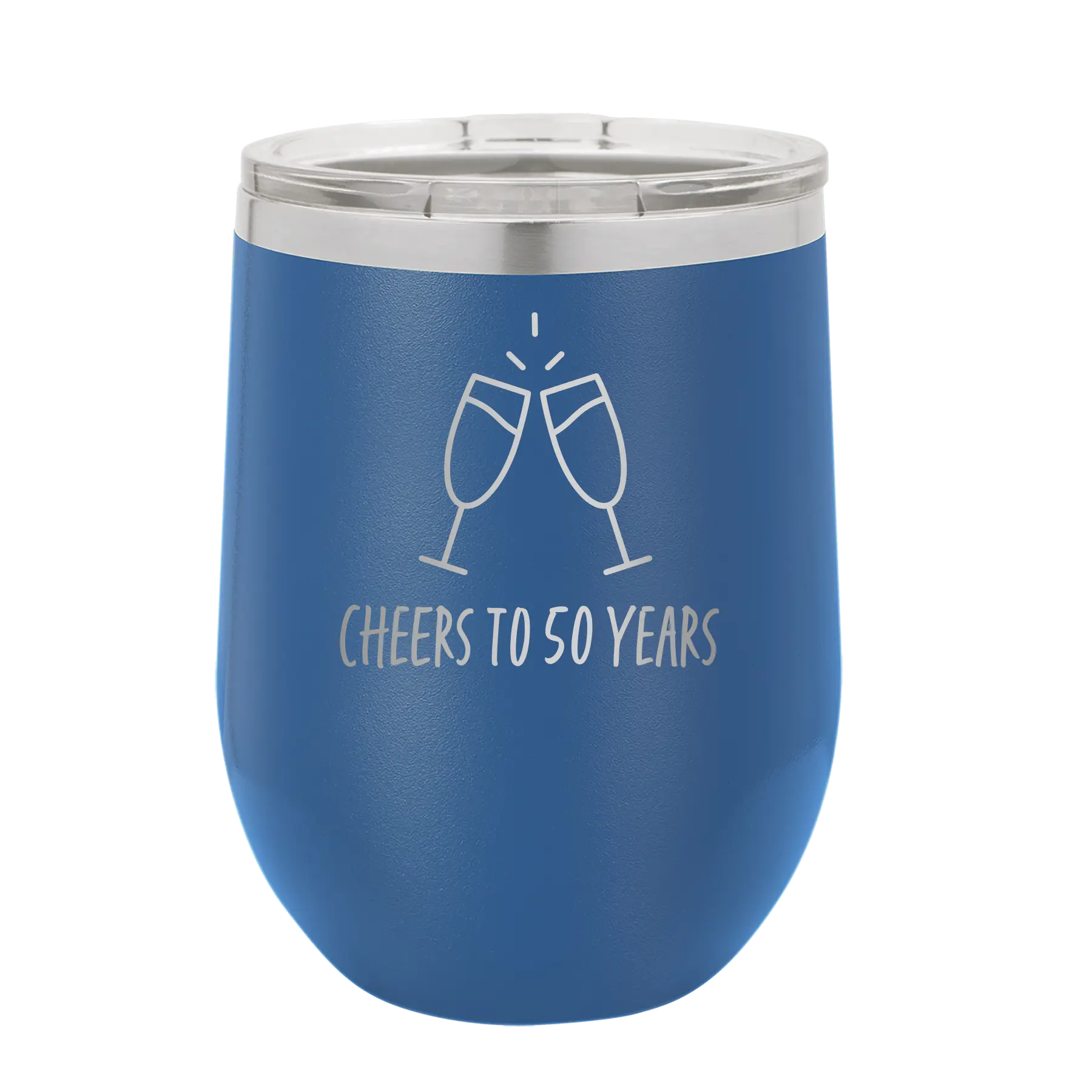 Personalized royal blue 12 oz vacuum insulated wine cup with 'Cheers' design