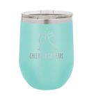Personalized teal 12 oz vacuum insulated wine cup with 'Cheers' design