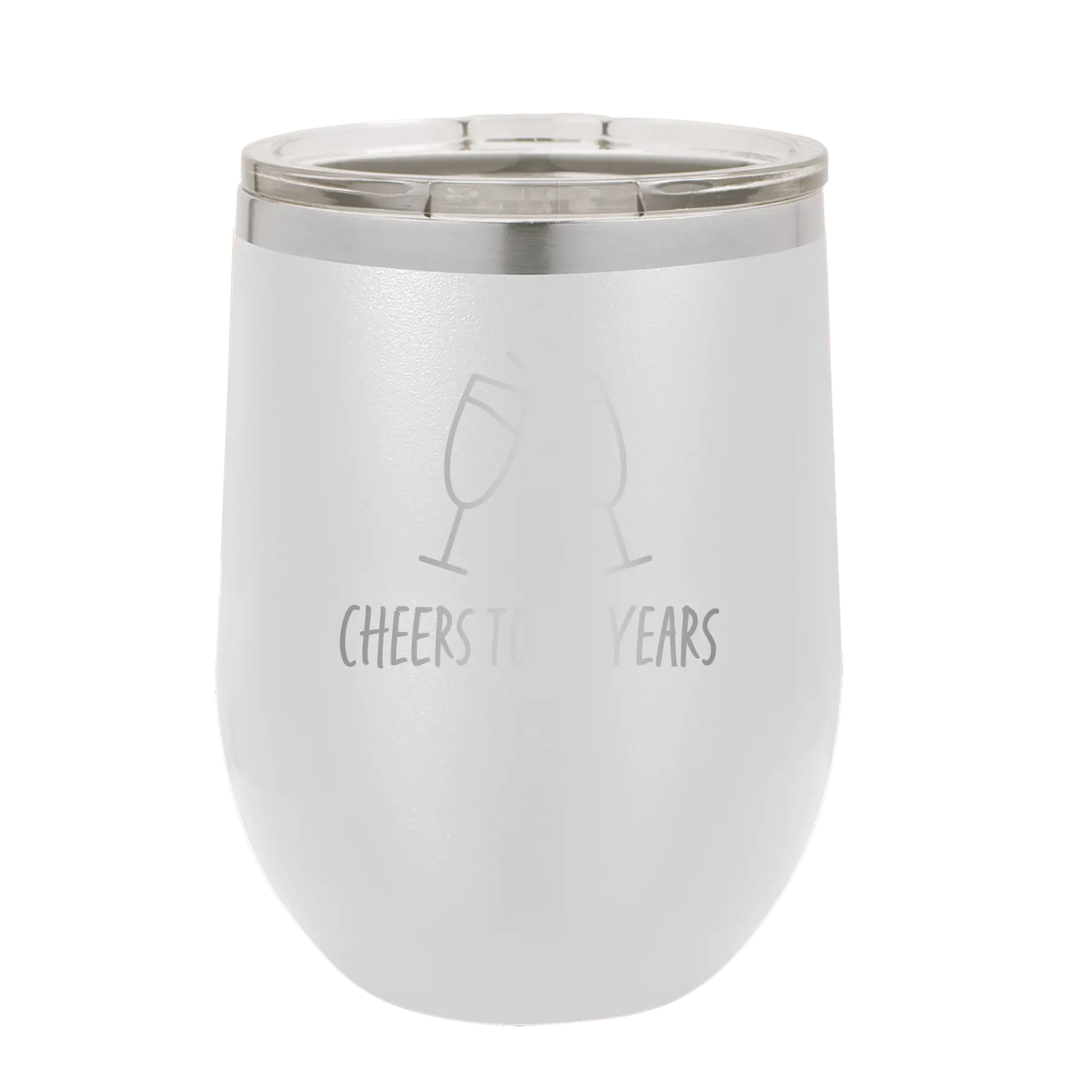 Personalized white 12 oz vacuum insulated wine cup with 'Cheers' design