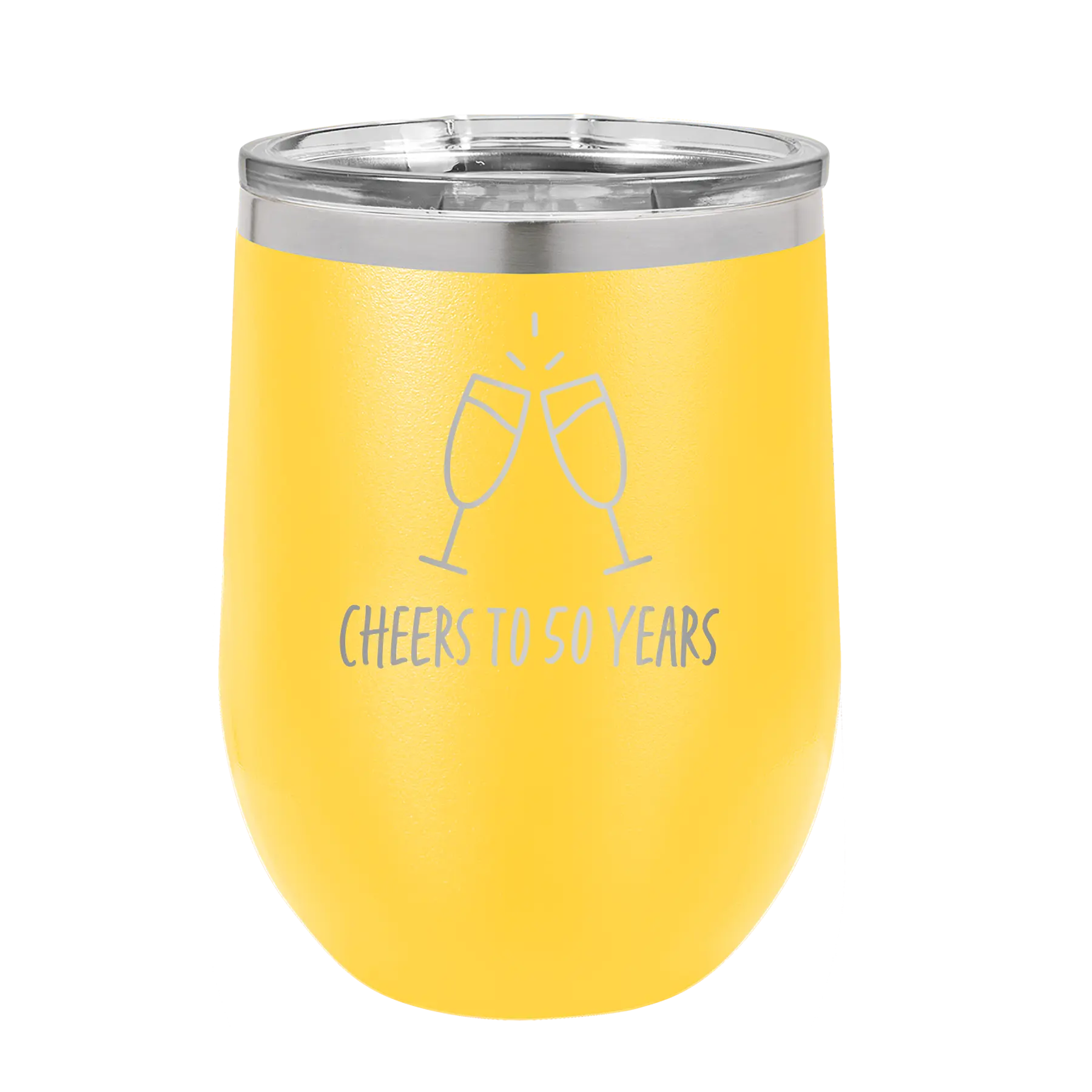 Personalized yellow 12 oz vacuum insulated wine cup with 'Cheers' design