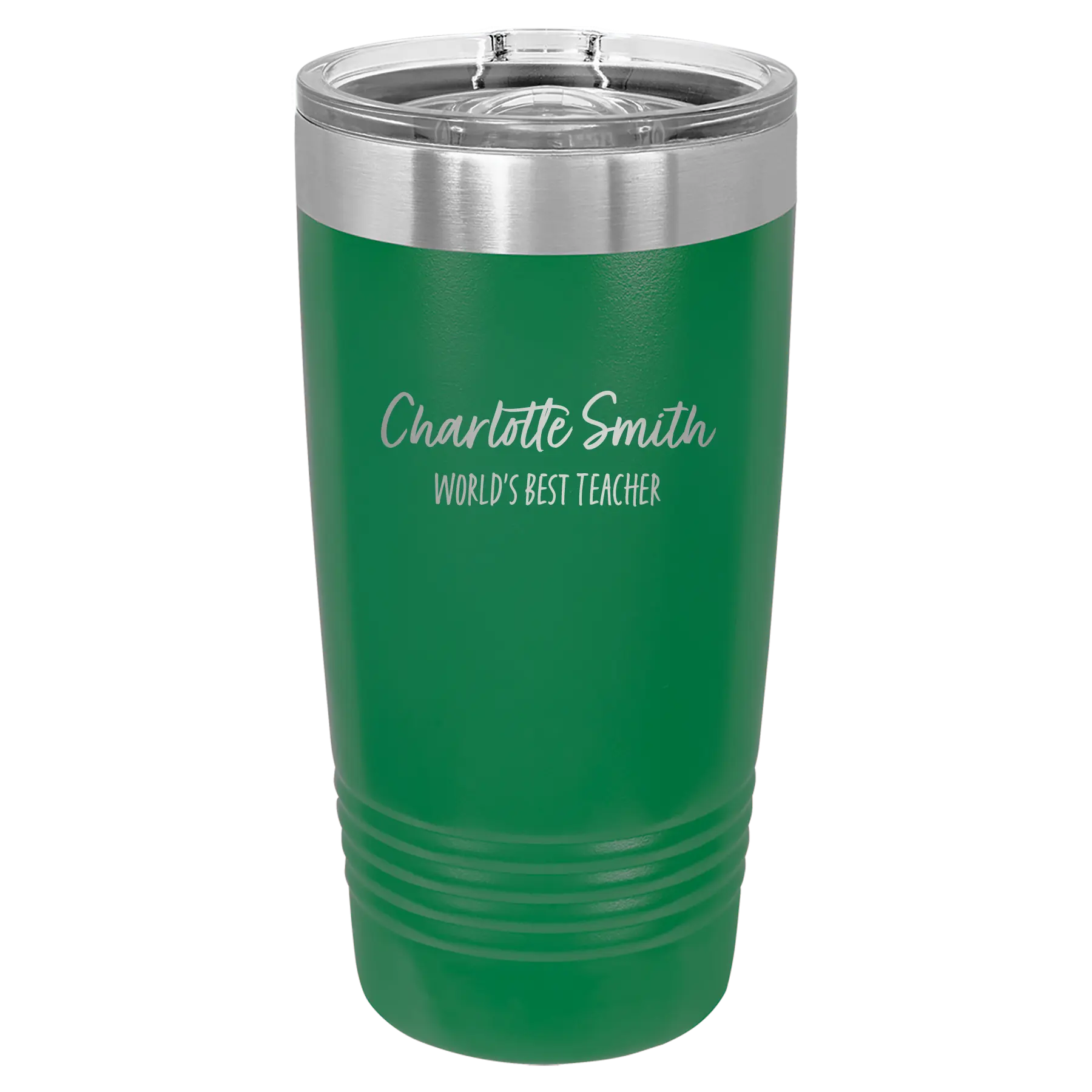 Personalized green 20 oz vacuum insulated tumbler with 'Two Lines Name and Title' design