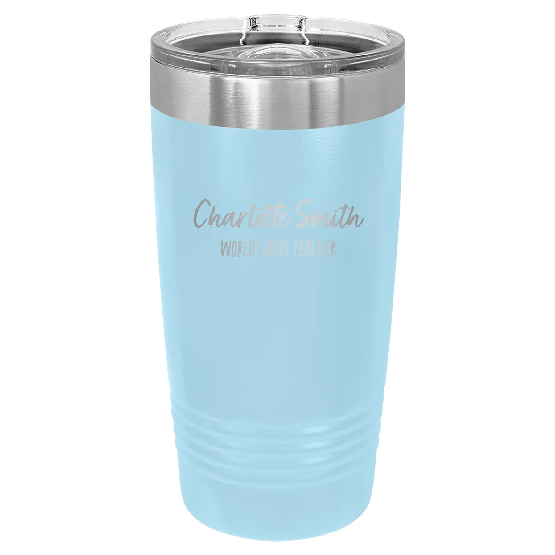 Personalized light blue 20 oz vacuum insulated tumbler with 'Two Lines Name and Title' design