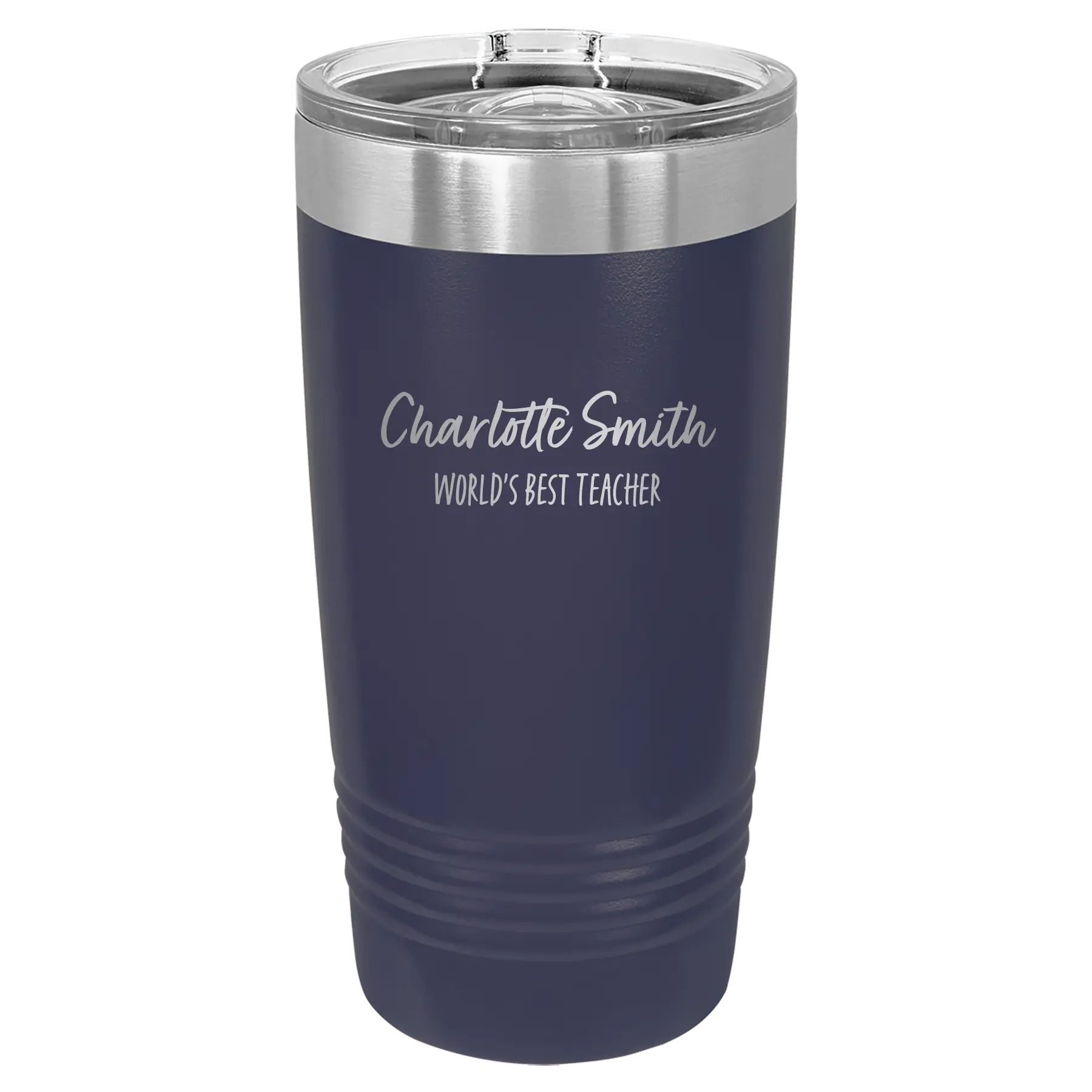 Personalized navy 20 oz vacuum insulated tumbler with 'Two Lines Name and Title' design